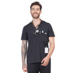 Men Scrub Tops Black V Neck in Cotton