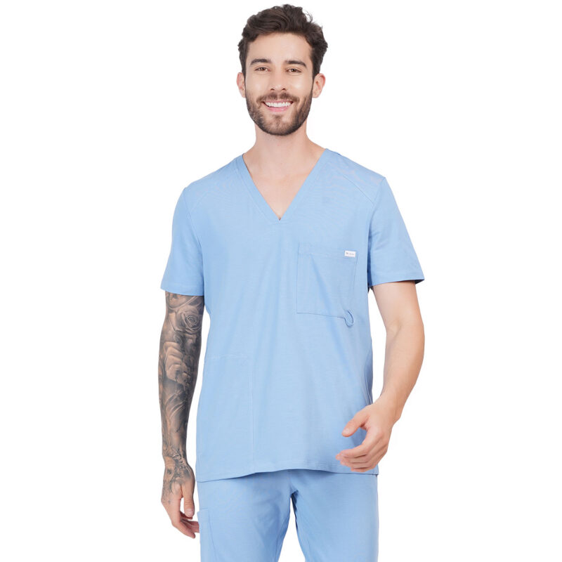 Men Scrub Tops V Neck Cornflower Blue in Cotton