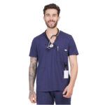 Men Scrub Tops Navy Blue V Neck in Cotton