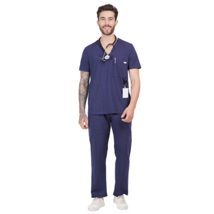 Men Scrub Tops Navy Blue V Neck in Cotton