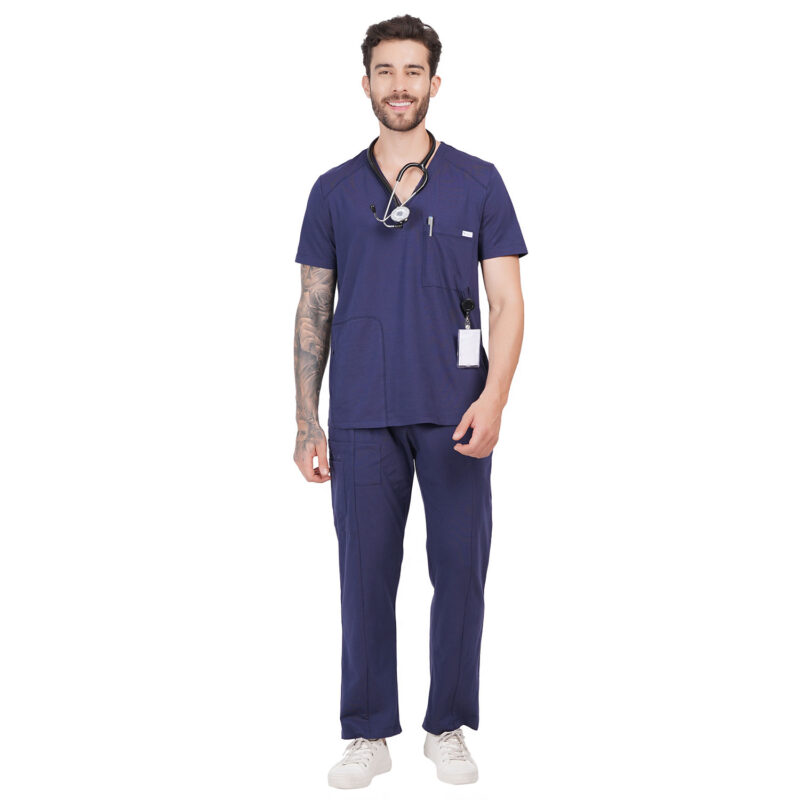 Men Scrub Tops Navy Blue V Neck in Cotton