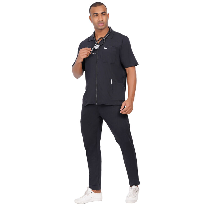 Men Scrub Tops Black Zip Front in Cotton