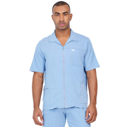 Men Scrub Tops Zip Cornflower Blue Front in Cotton