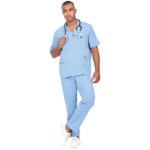 Men Scrub Tops Conflower Blue Zip Front in Cotton