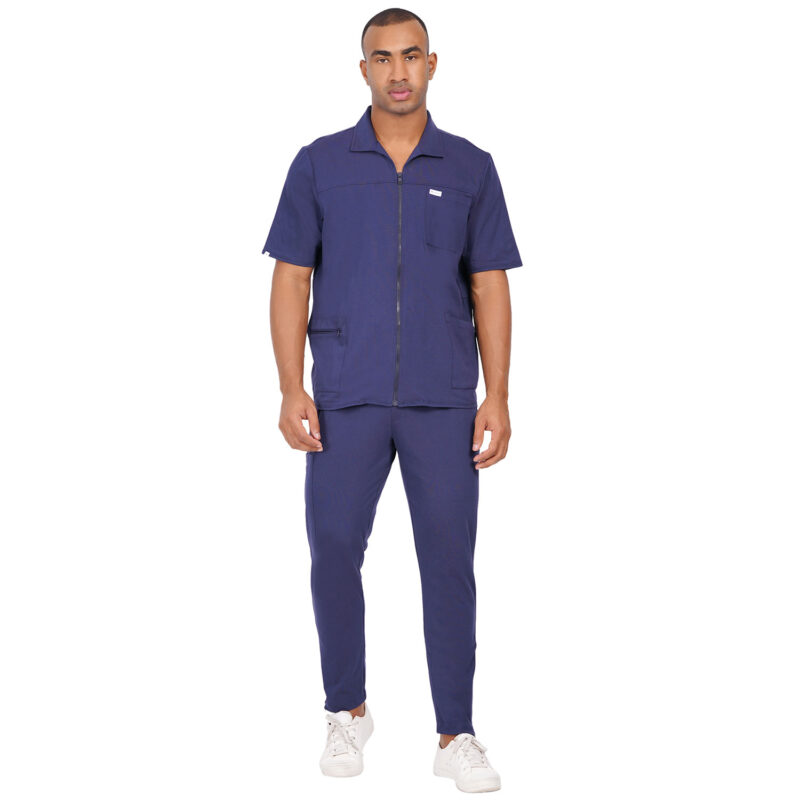 Men Scrub Tops Navy Blue Zip Front in Cotton