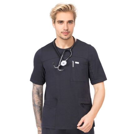 Men Scrub Tops Black Round Neck in Cotton