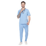 Men Scrub Tops Cornflower Blue Round Neck in Cotton