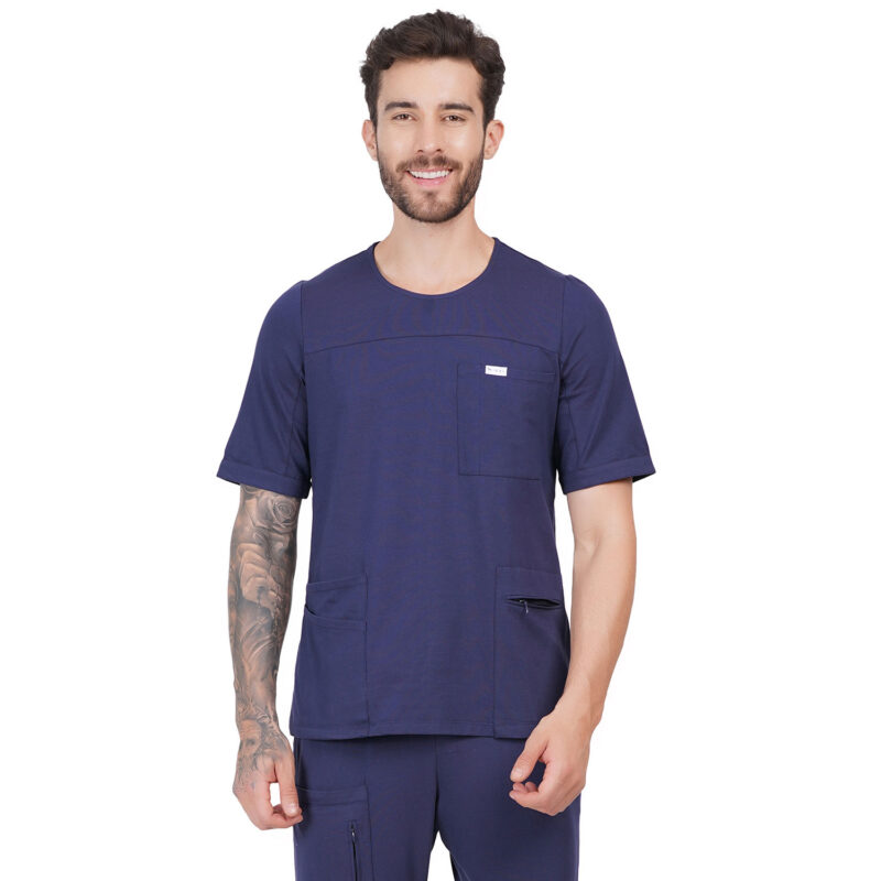 Men Scrub Tops Navy Blue Round Neck in Cotton