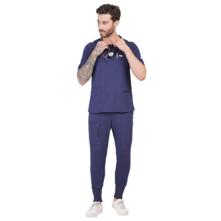 Men Scrub Tops Navy Blue Round Neck in Cotton