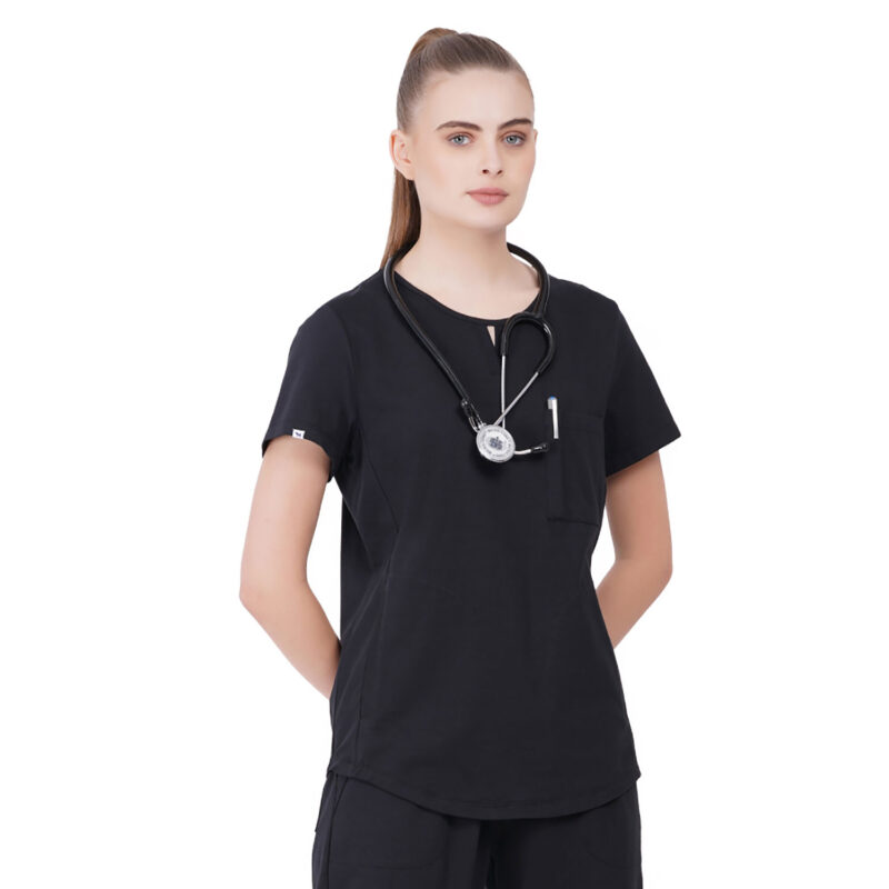 Women Scrub Tops Black Round Neck in Cotton