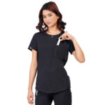 Women Scrub Tops Black Round Neck in Cotton