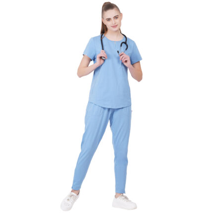 Women Scrub Tops Cornflower Blue Round Neck in Cotton