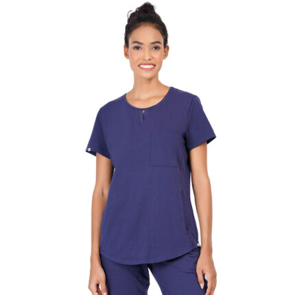 Women Scrub Tops Navy Blue Round Neck in Cotton