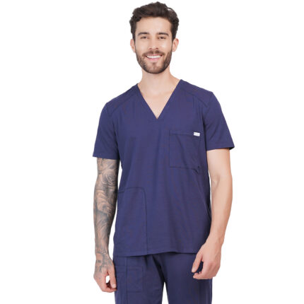 Men Scrub Tops V Neck Navy blue in Cotton