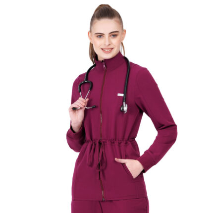 Women Zip Up Turtle Neck Wine Scrub Jackets