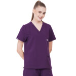 Women Scrub Tops Aubergine V Neck 5 Pockets in Polyester