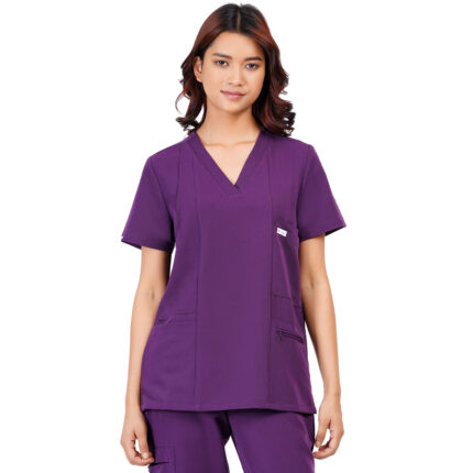 Women Scrub Tops Aubergine V Neck 5 Pockets in Polyester