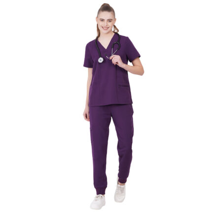 Women Scrub Tops Aubergine V Neck 5 Pockets in Polyester