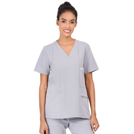 Women Scrub Tops Grey V Neck 5 Pockets in Polyester