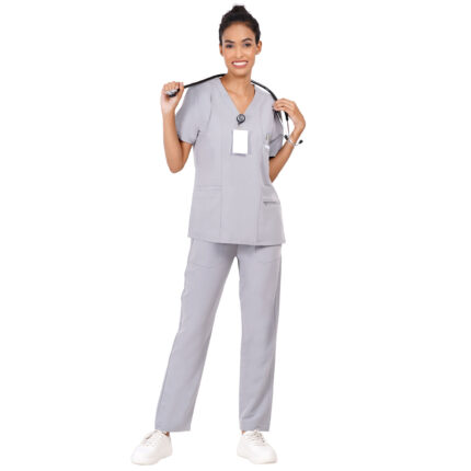 Women Scrub Tops Grey V Neck 5 Pockets in Polyester