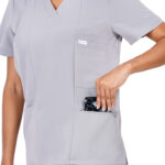 Women Scrub Tops Grey V Neck 5 Pockets in Polyester