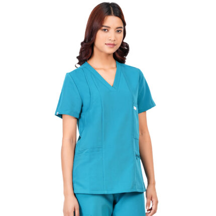 Women Scrub Tops Teal V Neck 5 Pockets in Polyester