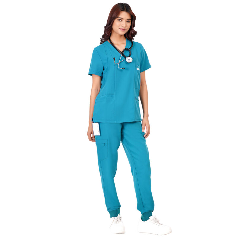 Women Scrub Tops Teal V Neck 5 Pockets in Polyester