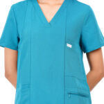 Women Scrub Tops Teal V Neck 5 Pockets in Polyester