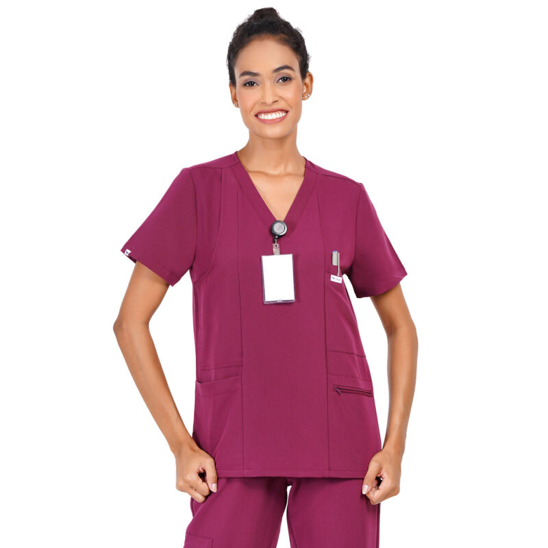 Women Scrub Tops Wine V Neck 5 Pockets in Polyester