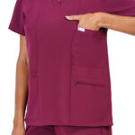 Women Scrub Tops Wine V Neck 5 Pockets in Polyester