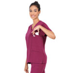 Women Scrub Tops Wine V Neck 5 Pockets in Polyester