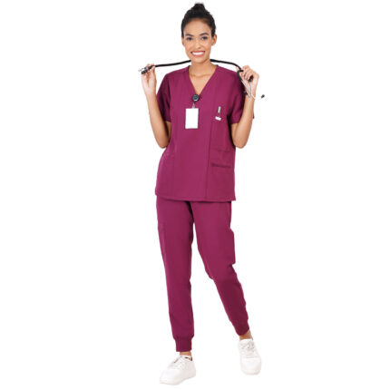 Women Scrub Tops Wine V Neck 5 Pockets in Polyester