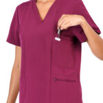 Women Scrub Tops Wine V Neck 5 Pockets in Polyester