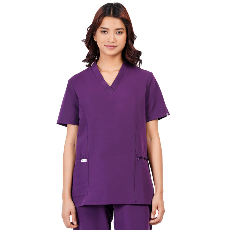 Women Scrub Tops Aubergine V Neck 4 Pockets in Polyester