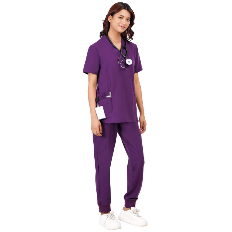 Women Scrub Tops Aubergine V Neck 4 Pockets in Polyester