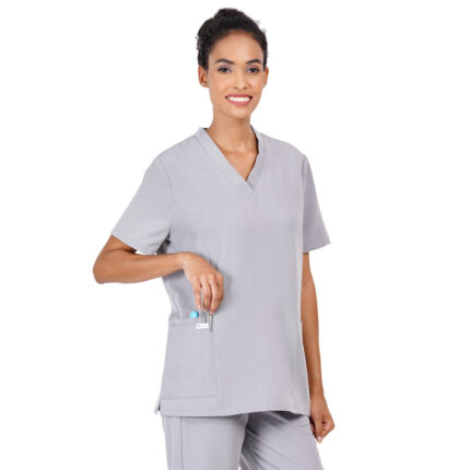 Women Scrub Tops Grey V Neck 4 Pockets in Polyester