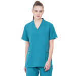 Women Scrub Tops Teal V Neck 4 Pockets in Polyester