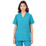 Women Scrub Tops Teal V Neck 4 Pockets in Polyester