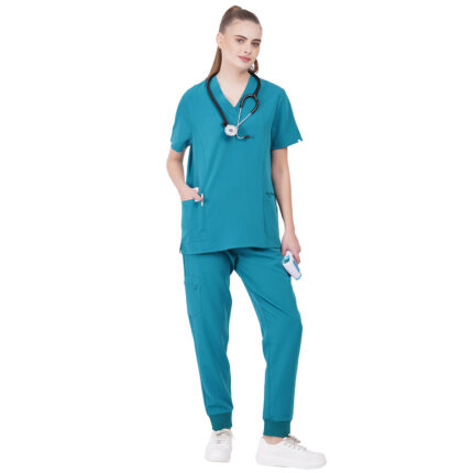 Women Scrub Tops Teal V Neck 4 Pockets in Polyester