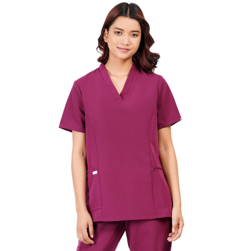 Women Scrub Tops Wine V Neck 4 Pockets in Polyester