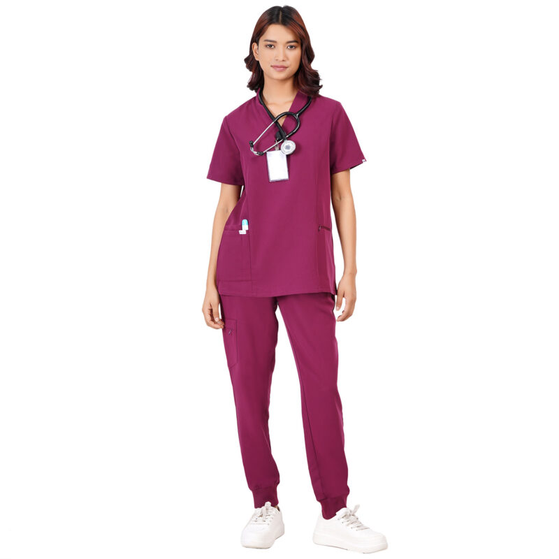 Women Scrub Tops Wine V Neck 4 Pockets in Polyester