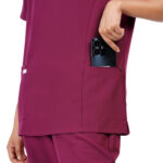 Women Scrub Tops Wine V Neck 4 Pockets in Polyester