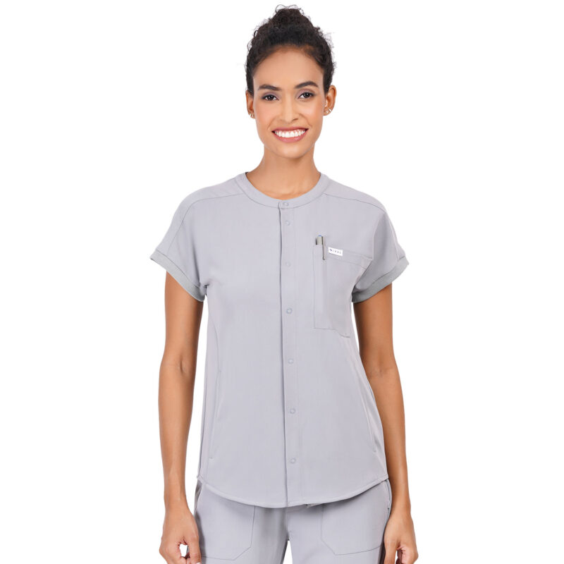 Women Scrub Tops Grey Button Closure in Polyester