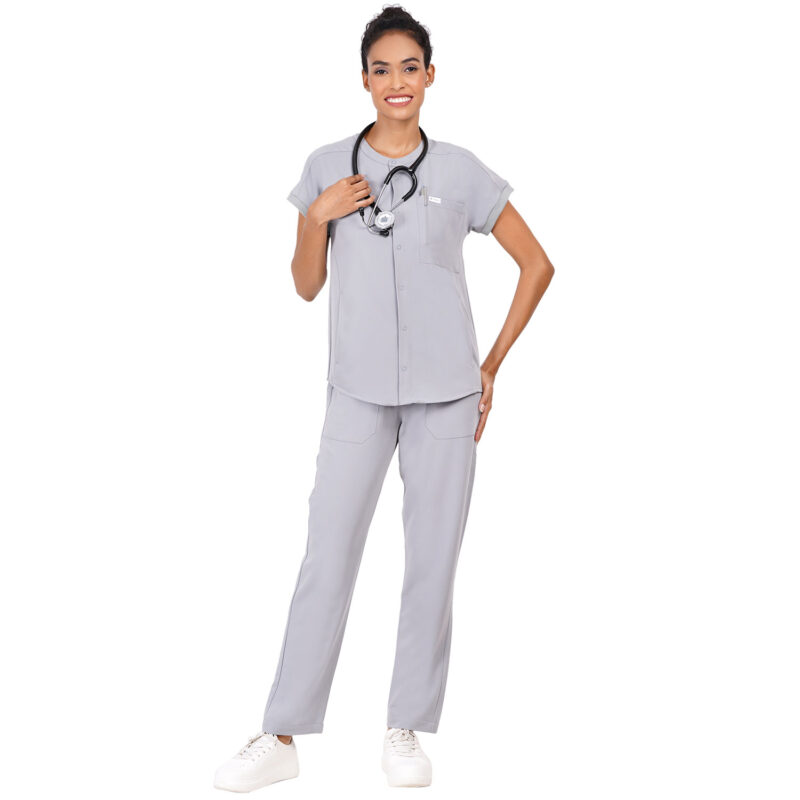 Women Scrub Tops Grey Button Closure in Polyester