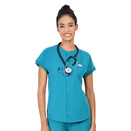 Women Scrub Tops Teal Button Closure in Polyester