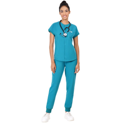 Women Scrub Tops Teal Button Closure in Polyester