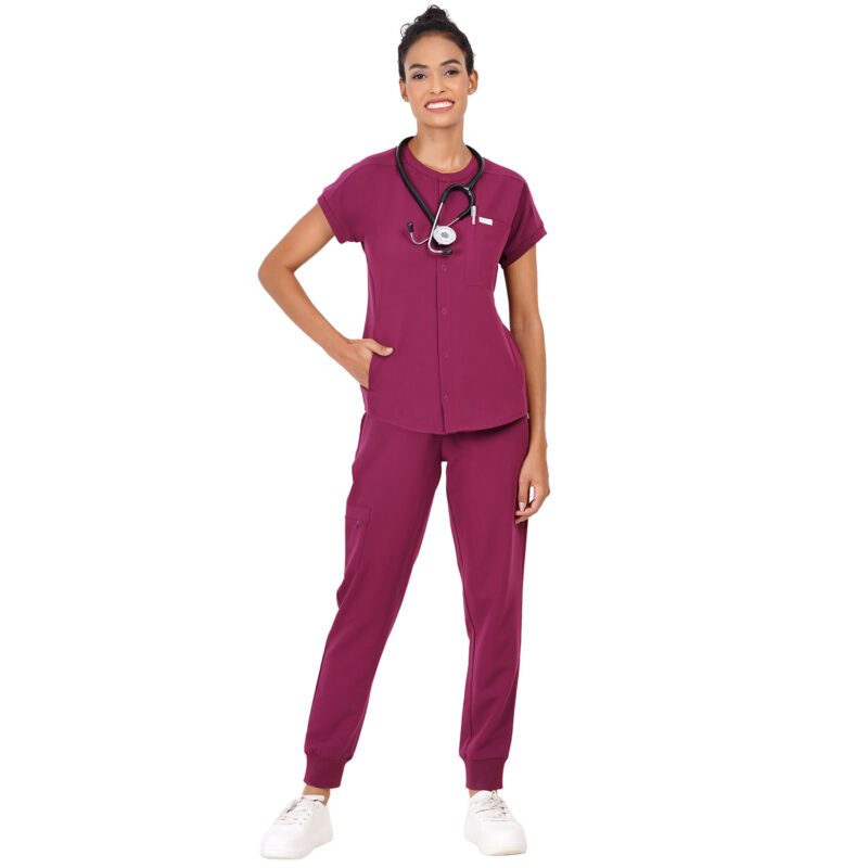 Women Scrub Tops Wine Button Closure in Polyester