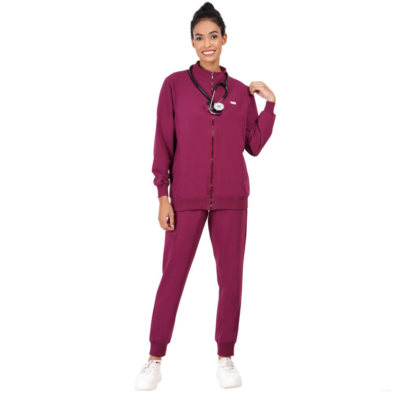 Women Zip Up Mock Neck Wine Scrub Jackets