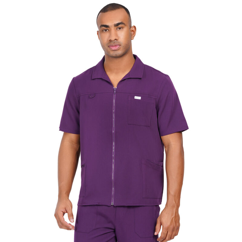 Men Scrub Tops Aubergine Zip Closure in Polyester