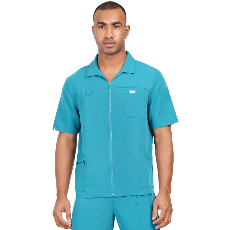 Men Scrub Tops Teal Zip Closure in Polyester